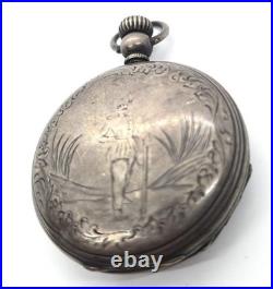 Victorian silver plated etched military hunting motif antique pocket watch case