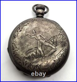 Victorian silver plated etched military hunting motif antique pocket watch case