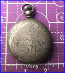Victorian silver plated etched military hunting motif antique pocket watch case
