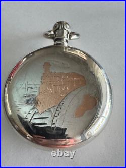 Vintage 18 Size Waltham Pocket Watch Case Pendant Set Only Locomotive On Back
