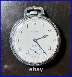 Vintage 1909 Elgin Pocket Watch Size 12-Ornate Nickel Silver Case-Working