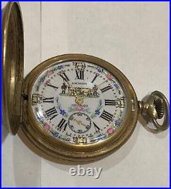 Vintage Amchron 17 Jewel Incabloc Pocket Watch Enamel Dial Hunter Case Rare