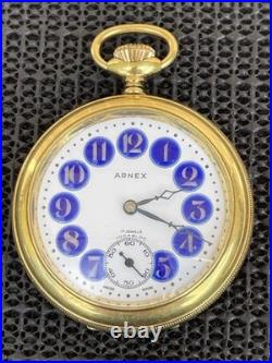 Vintage Arnex Pocket Watch Swiss 17J Blue Cartouche Dial Gold Plated Ornate Case