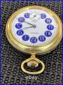 Vintage Arnex Pocket Watch Swiss 17J Blue Cartouche Dial Gold Plated Ornate Case