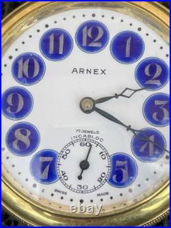 Vintage Arnex Pocket Watch Swiss 17J Blue Cartouche Dial Gold Plated Ornate Case