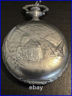 Vintage BUCHERER pocket watch crest pattern/Landscape 17 Jewel Hunter Case/Chain