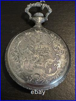 Vintage BUCHERER pocket watch crest pattern/Landscape 17 Jewel Hunter Case/Chain