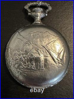 Vintage BUCHERER pocket watch crest pattern/Landscape 17 Jewel Hunter Case/Chain