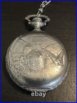 Vintage BUCHERER pocket watch crest pattern/Landscape 17 Jewel Hunter Case/Chain