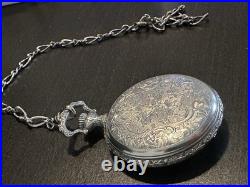 Vintage BUCHERER pocket watch crest pattern/Landscape 17 Jewel Hunter Case/Chain