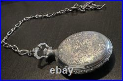 Vintage BUCHERER pocket watch crest pattern/Landscape 17 Jewel Hunter Case/Chain