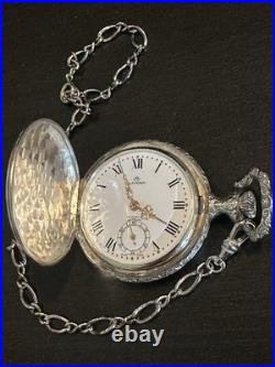 Vintage BUCHERER pocket watch crest pattern/Landscape 17 Jewel Hunter Case/Chain