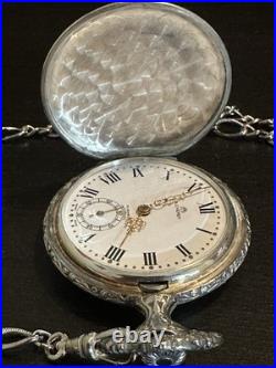 Vintage BUCHERER pocket watch crest pattern/Landscape 17 Jewel Hunter Case/Chain