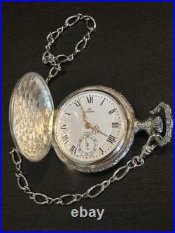 Vintage BUCHERER pocket watch crest pattern/Landscape 17 Jewel Hunter Case/Chain