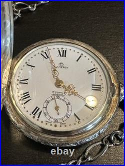 Vintage BUCHERER pocket watch crest pattern/Landscape 17 Jewel Hunter Case/Chain