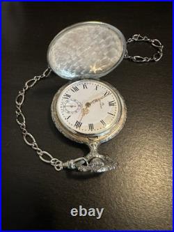 Vintage BUCHERER pocket watch crest pattern/Landscape 17 Jewel Hunter Case/Chain