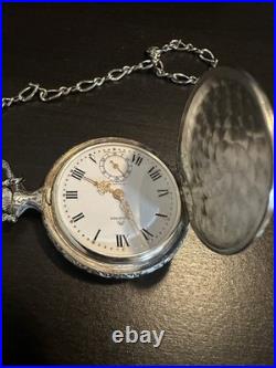 Vintage BUCHERER pocket watch crest pattern/Landscape 17 Jewel Hunter Case/Chain