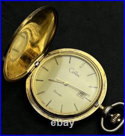 Vintage COLIBRI 47mm Swiss Quartz Pocket Watch Date Gold Plated Case Cream Dial