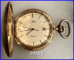 Vintage COLIBRI 47mm Swiss Quartz Pocket Watch Date Gold Plated Case Cream Dial