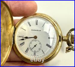 Vintage Caravelle Swiss Made Gold Tone Hunter Case Pocket Watch Engraved Floral