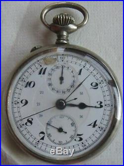 Vintage Chronograph Pocket Watch Open Face Nickel Case 51,5 mm. In diameter