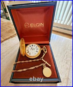 Vintage ELGIN Pocket Watch Hunting Scenes Original Box Chain & Fob