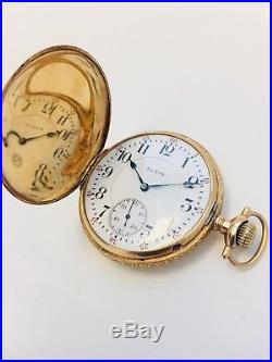 Vintage Elgin Father Time 14k Yellow Gold Hunter Case Railroad Pocket Watch 21J