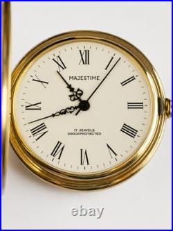 Vintage Majestime Pocket Watch Gold Plated 1970'sHunter Case Chain RUNS 17 Jewel