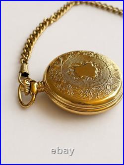 Vintage Majestime Pocket Watch Gold Plated 1970'sHunter Case Chain RUNS 17 Jewel