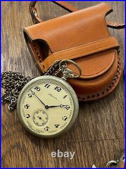Vintage Molniya Pocket Watch + Leather Case Mechanical Soviet USSR Russian Rare