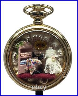 Vintage Pocket Watch Case Detailed Miniature Diorama Sewing Dress Scene