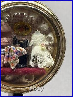 Vintage Pocket Watch Case Detailed Miniature Diorama Sewing Dress Scene