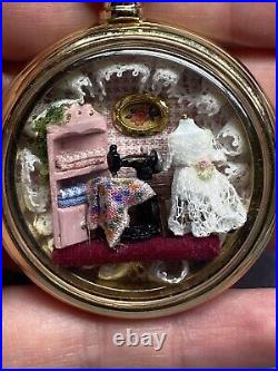 Vintage Pocket Watch Case Detailed Miniature Diorama Sewing Dress Scene