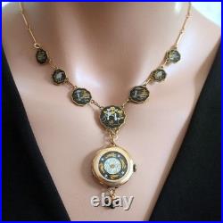 Vintage Pocket Watch Case Pendant Necklace Hand Painted Running Rabbits & Stars