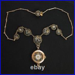 Vintage Pocket Watch Case Pendant Necklace Hand Painted Running Rabbits & Stars