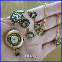 Vintage Pocket Watch Case Pendant Necklace Hand Painted Running Rabbits & Stars
