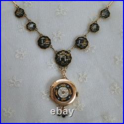 Vintage Pocket Watch Case Pendant Necklace Hand Painted Running Rabbits & Stars