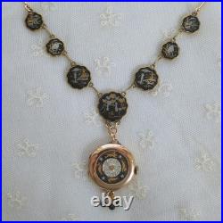 Vintage Pocket Watch Case Pendant Necklace Hand Painted Running Rabbits & Stars