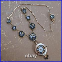 Vintage Pocket Watch Case Pendant Necklace Hand Painted Running Rabbits & Stars