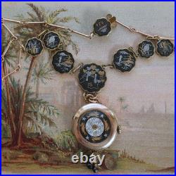 Vintage Pocket Watch Case Pendant Necklace Hand Painted Running Rabbits & Stars