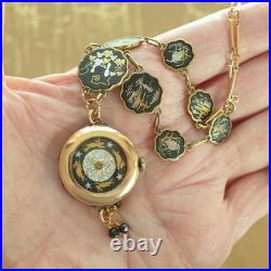 Vintage Pocket Watch Case Pendant Necklace Hand Painted Running Rabbits & Stars