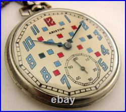 Vintage Swiss ARISTON Pocket Watch Rare Interesting Mechanism Nickel Case 1.84in