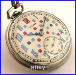 Vintage Swiss ARISTON Pocket Watch Rare Interesting Mechanism Nickel Case 1.84in