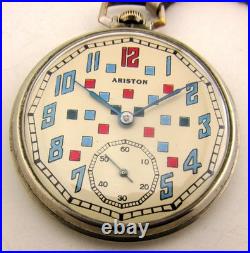 Vintage Swiss ARISTON Pocket Watch Rare Interesting Mechanism Nickel Case 1.84in