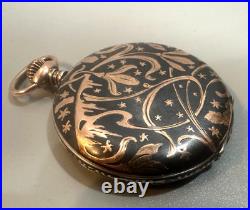 Vintage Swiss Niello Silver Gold Inlayed Hunter Case Pocket Watch 48mm