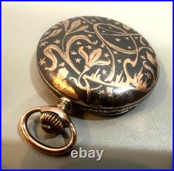 Vintage Swiss Niello Silver Gold Inlayed Hunter Case Pocket Watch 48mm