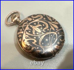 Vintage Swiss Niello Silver Gold Inlayed Hunter Case Pocket Watch 48mm