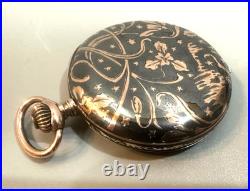 Vintage Swiss Niello Silver Gold Inlayed Hunter Case Pocket Watch 48mm