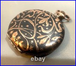 Vintage Swiss Niello Silver Gold Inlayed Hunter Case Pocket Watch 48mm