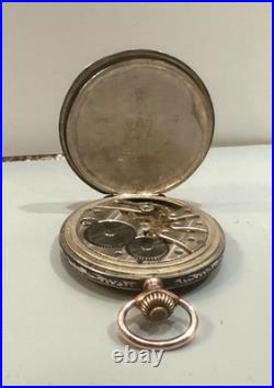 Vintage Swiss Niello Silver Gold Inlayed Hunter Case Pocket Watch 48mm